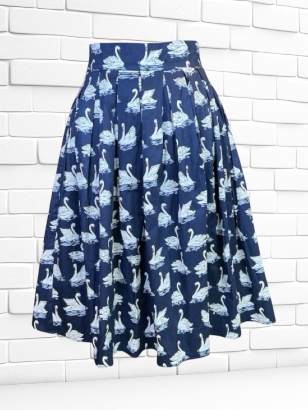 Banned Retro A-Line Skirt Blue White Swan Print Classic Casual Maximalist M